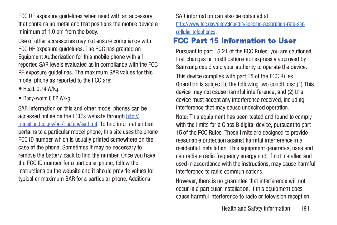 Samsung GT-I9300BLACK user manual FCC Part 15 Information to User, Head 0.74 W/kg Body-worn 0.82 W/kg, 191 