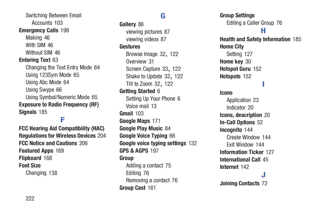 Samsung GT-I9300BLACK Emergency Calls, Entering Text, Exposure to Radio Frequency RF Signals, Flipboard Font Size, Gallery 