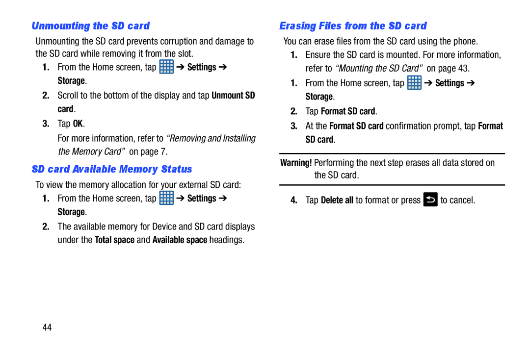 Samsung GT-I9300BLACK user manual Unmounting the SD card, SD card Available Memory Status, Erasing Files from the SD card 