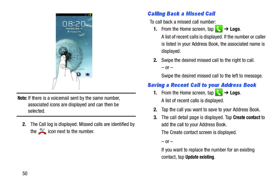 Samsung GT-I9300BLACK user manual Calling Back a Missed Call, Icon next to the number 