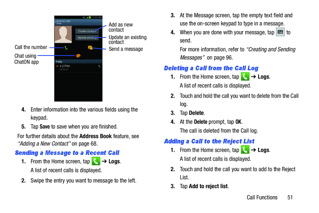 Samsung GT-I9300BLACK user manual Sending a Message to a Recent Call, Deleting a Call from the Call Log, Tap Delete 