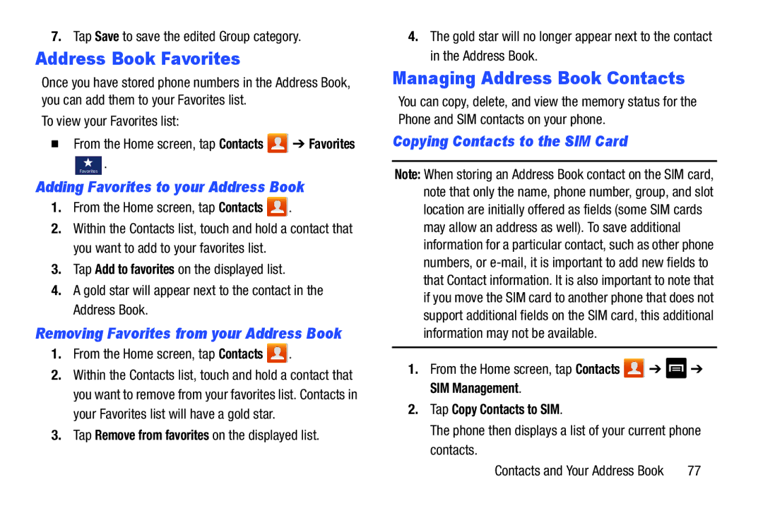 Samsung GT-I9300BLACK Address Book Favorites, Managing Address Book Contacts, Adding Favorites to your Address Book 