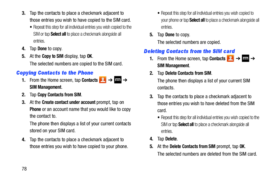 Samsung GT-I9300BLACK user manual Copying Contacts to the Phone, Deleting Contacts from the SIM card 