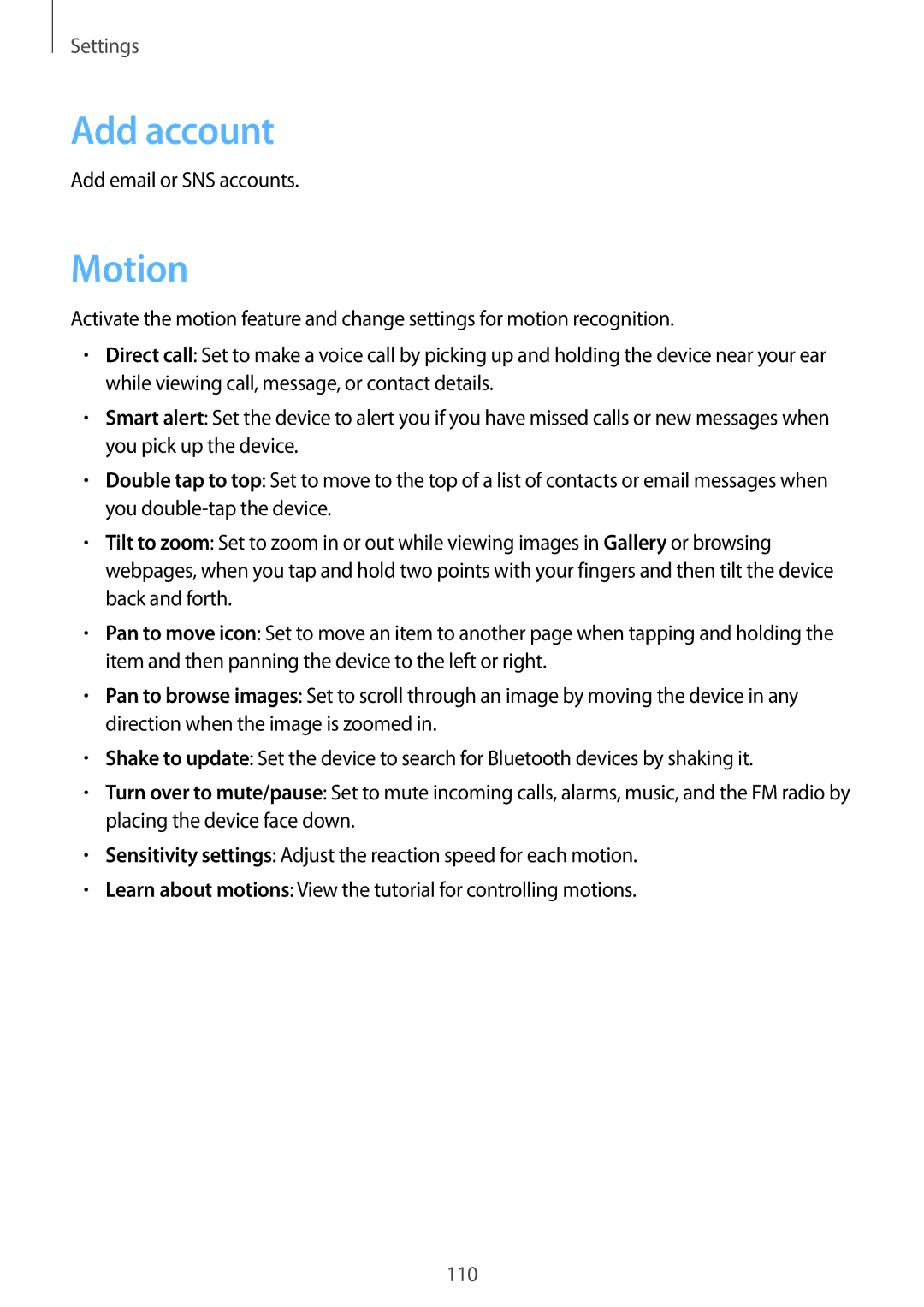 Samsung GT-I9300GRAY, GT-I8190WHITE user manual Add account, Motion, Add email or SNS accounts 