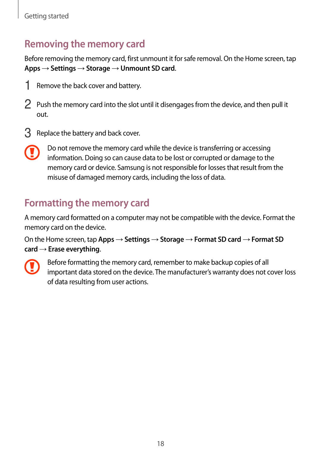 Samsung GT-I9300GRAY, GT-I8190WHITE user manual Removing the memory card, Formatting the memory card 