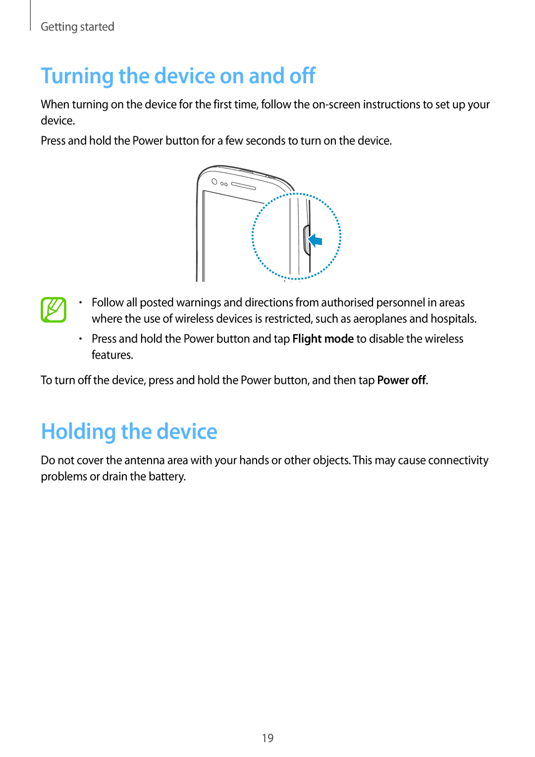 Samsung GT-I8190WHITE, GT-I9300GRAY user manual Turning the device on and off, Holding the device 