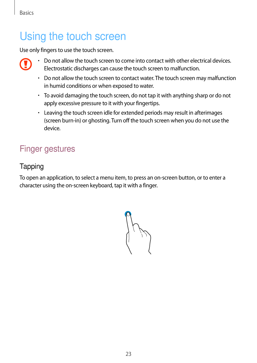 Samsung GT-I8190, GT-I9300GRAY Using the touch screen, Finger gestures, Tapping, Use only fingers to use the touch screen 