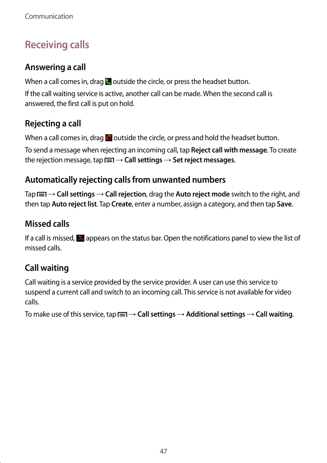 Samsung GT-I9300GRAY, GT-I8190WHITE user manual Receiving calls 