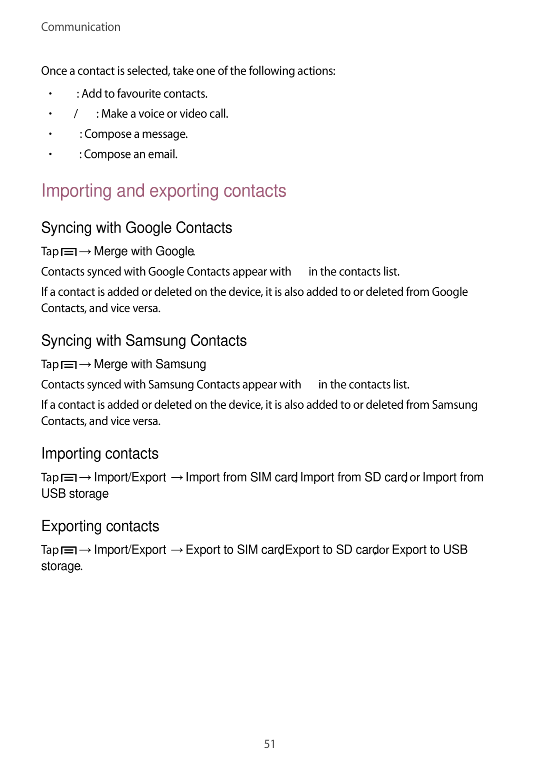 Samsung GT-I9300GRAY Importing and exporting contacts, Syncing with Google Contacts, Syncing with Samsung Contacts 