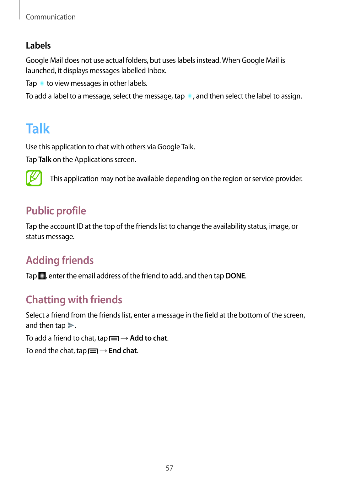 Samsung GT-I9300GRAY, GT-I8190WHITE user manual Talk, Public profile, Adding friends, Chatting with friends, Labels 