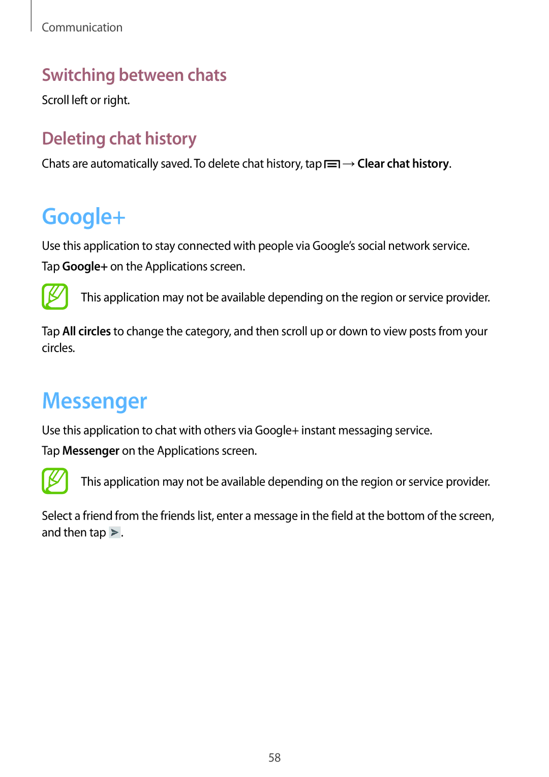 Samsung GT-I8190WHITE user manual Google+, Messenger, Switching between chats, Deleting chat history, Scroll left or right 