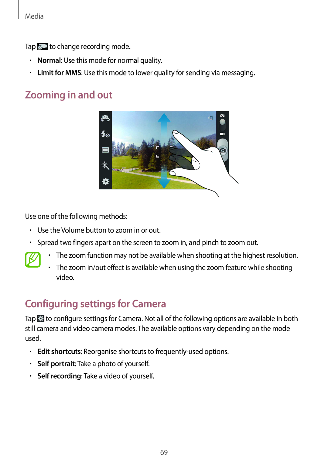 Samsung GT-I9300GRAY, GT-I8190WHITE user manual Zooming in and out, Configuring settings for Camera 