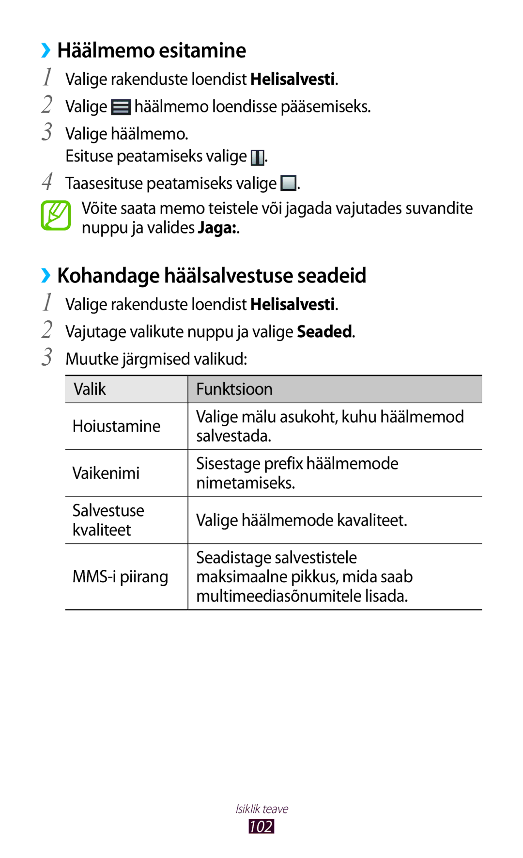 Samsung GT-I9300TADSEB, GT-I9300GRZSEB, GT-I9300ZNDSEB manual ››Häälmemo esitamine, ››Kohandage häälsalvestuse seadeid, 102 