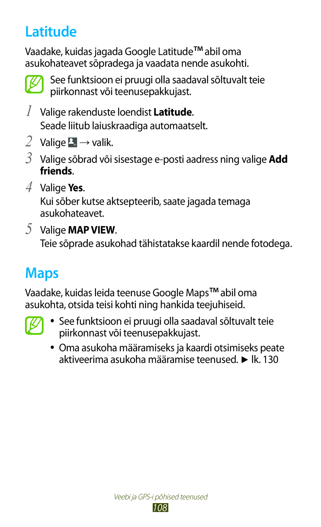 Samsung GT-I9300GRZSEB, GT-I9300ZNDSEB, GT-I9300RWZSEB, GT-I9300TADSEB manual Latitude, Maps, Valige → valik, Friends, 108 