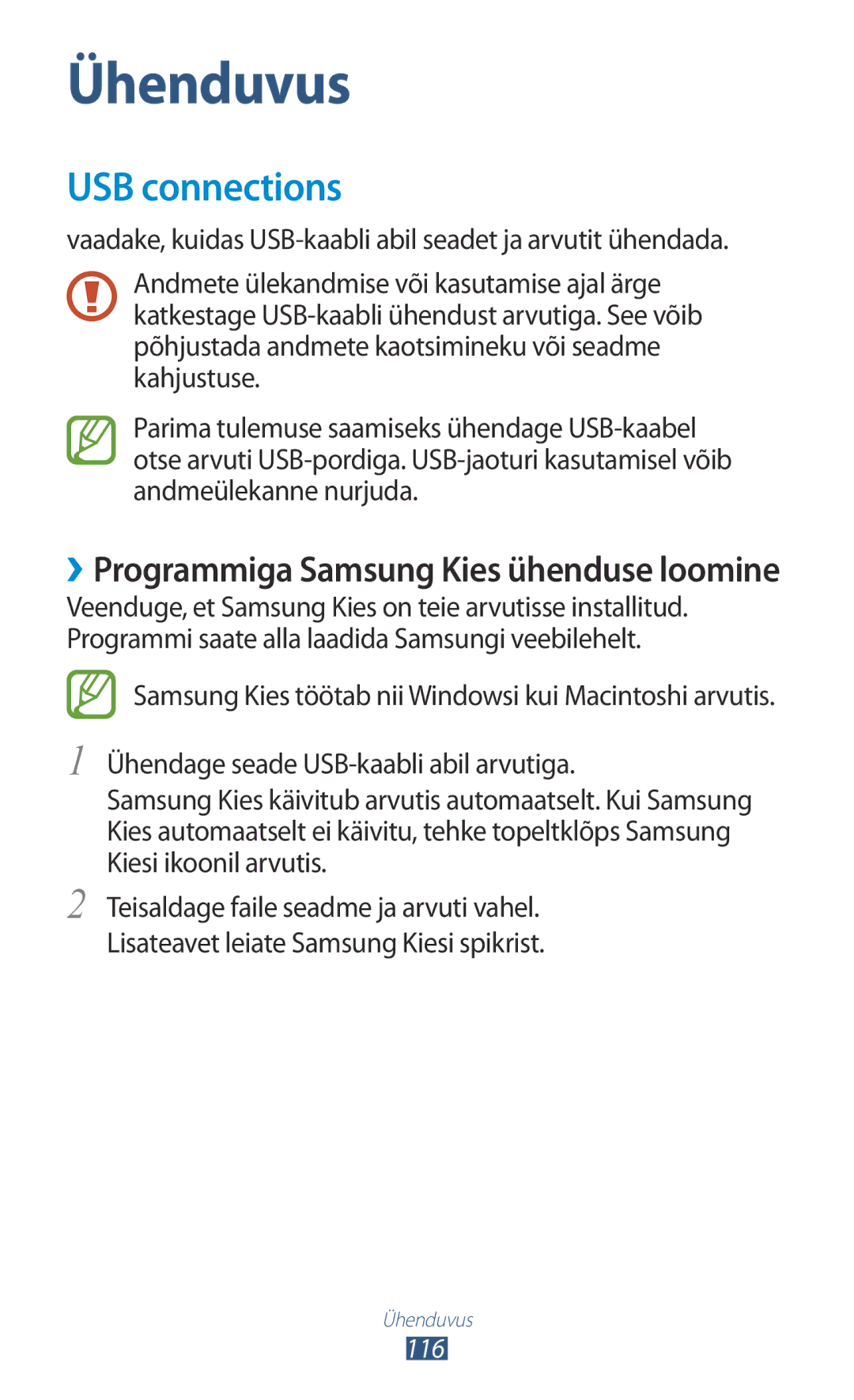 Samsung GT-I9300OKDSEB, GT-I9300GRZSEB, GT-I9300ZNDSEB USB connections, ››Programmiga Samsung Kies ühenduse loomine, 116 