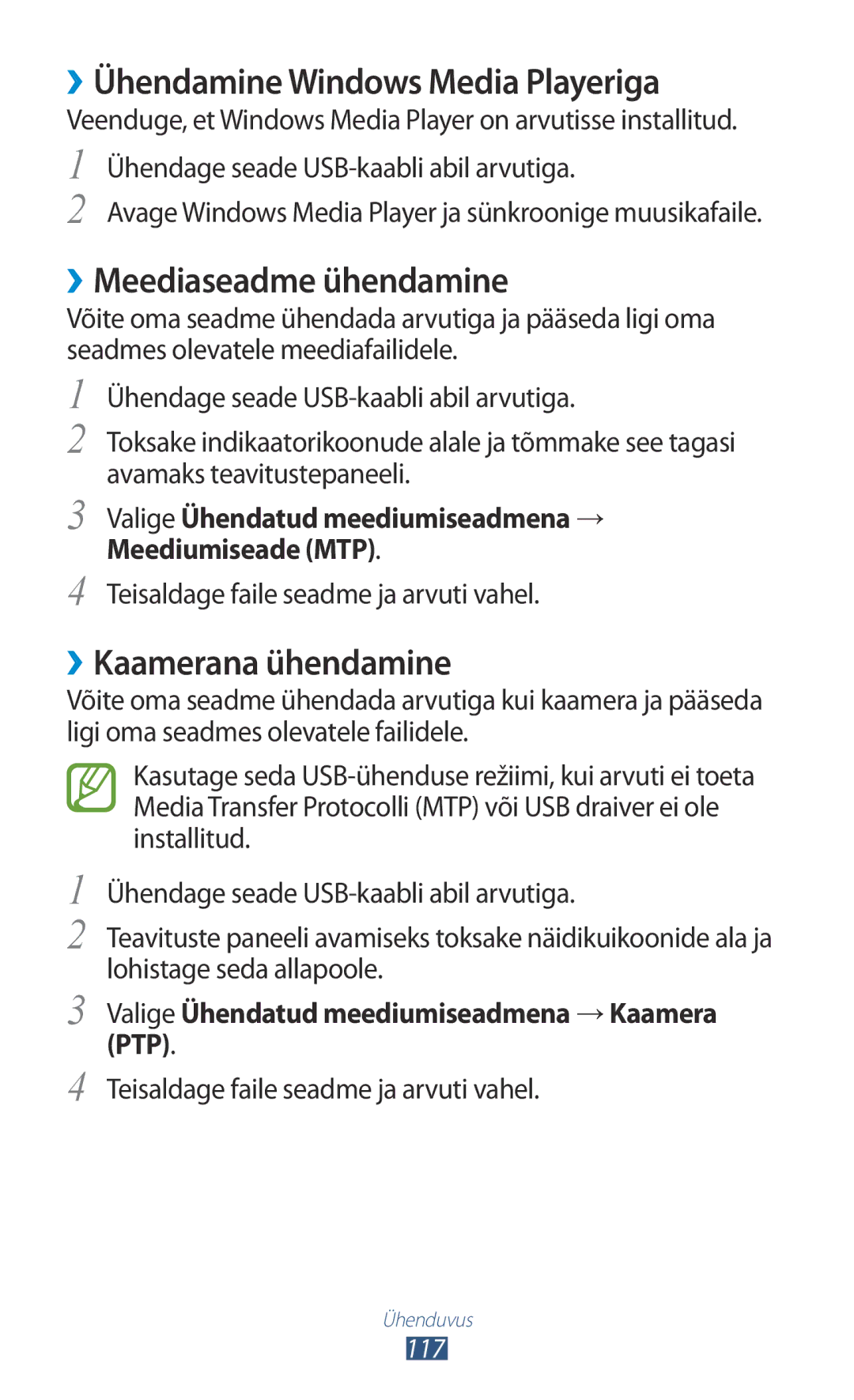 Samsung GT-I9300GRZSEB manual ››Ühendamine Windows Media Playeriga, ››Meediaseadme ühendamine, ››Kaamerana ühendamine 