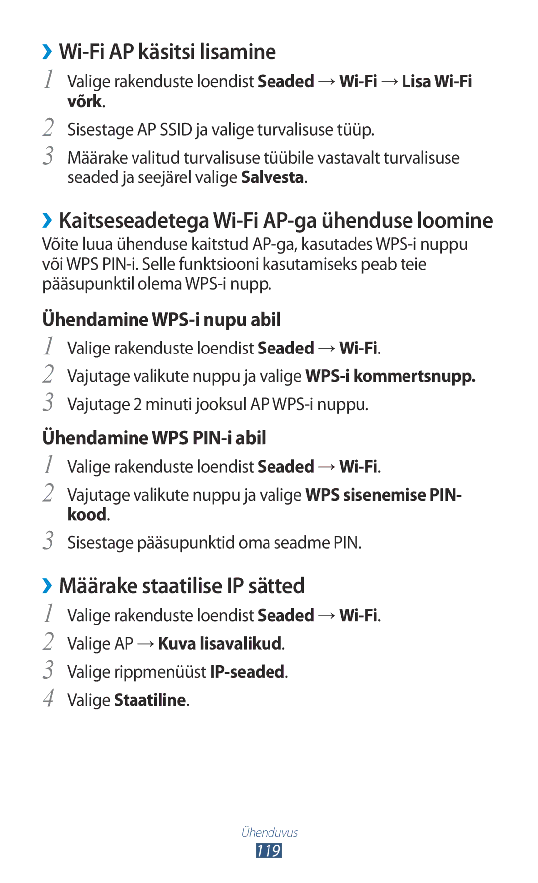 Samsung GT-I9300RWZSEB manual ››Wi-Fi AP käsitsi lisamine, ››Määrake staatilise IP sätted, Ühendamine WPS-i nupu abil 