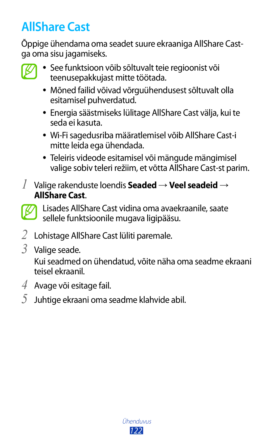 Samsung GT-I9300MBDSEB, GT-I9300GRZSEB manual AllShare Cast, Valige rakenduste loendis Seaded → Veel seadeid →, 122 