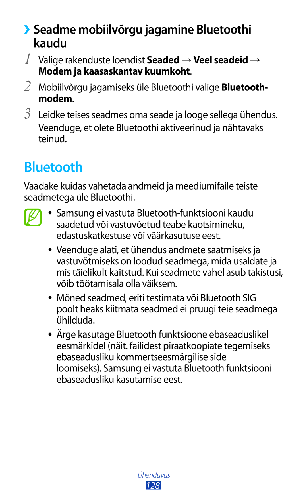 Samsung GT-I9300RWZSEB, GT-I9300GRZSEB, GT-I9300ZNDSEB manual ››Seadme mobiilvõrgu jagamine Bluetoothi kaudu, 128 