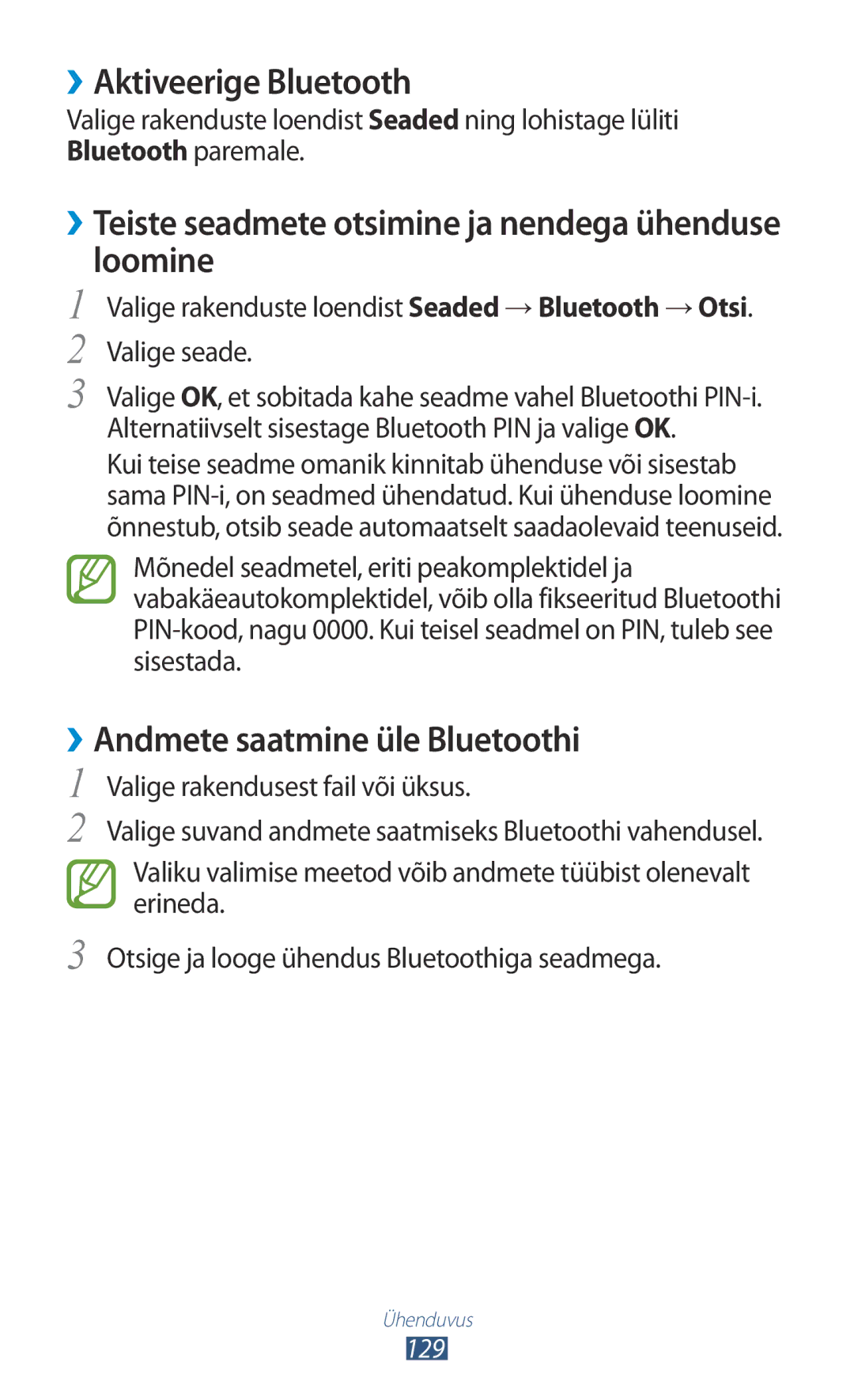 Samsung GT-I9300TADSEB manual ››Aktiveerige Bluetooth, ››Teiste seadmete otsimine ja nendega ühenduse loomine, 129 