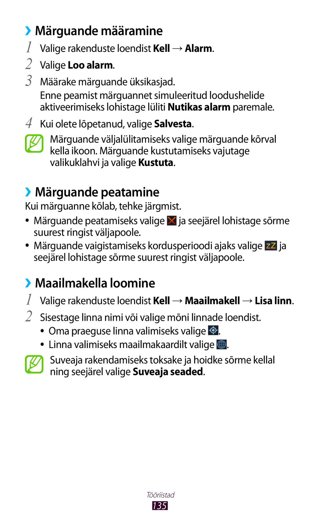 Samsung GT-I9300GRZSEB manual ››Märguande määramine, ››Märguande peatamine, ››Maailmakella loomine, Valige Loo alarm 