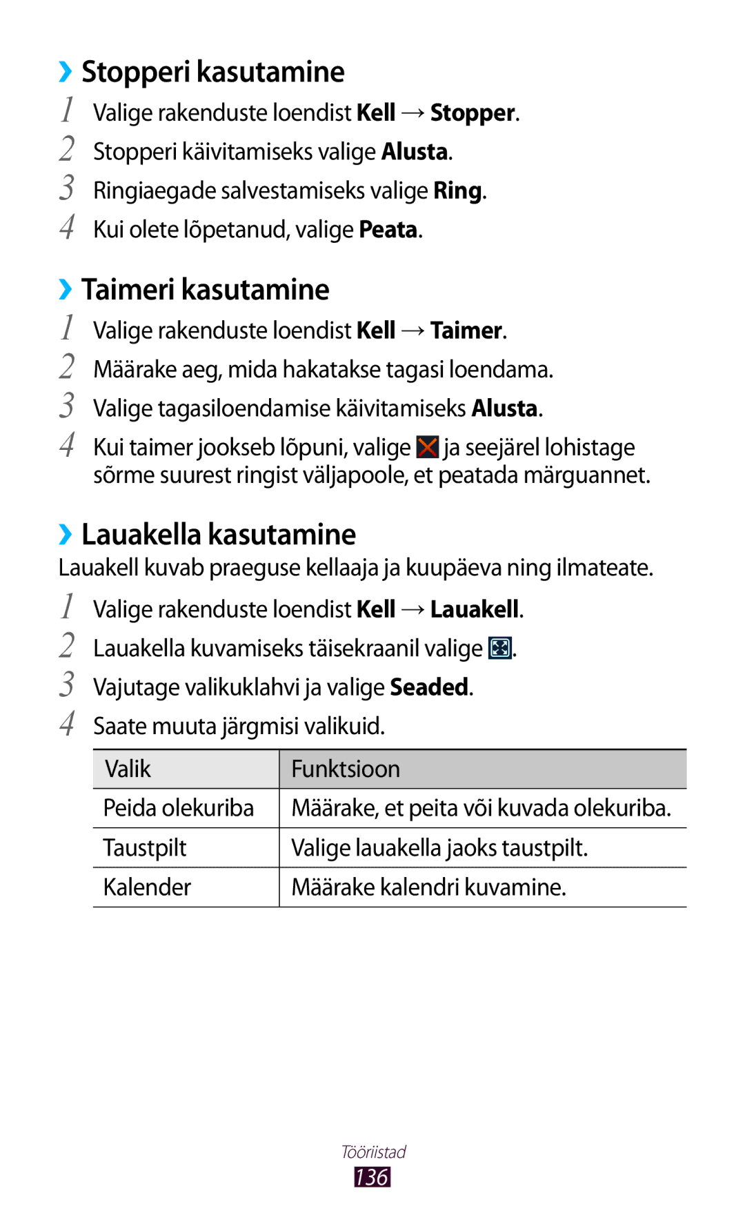 Samsung GT-I9300ZNDSEB, GT-I9300GRZSEB manual ››Stopperi kasutamine, ››Taimeri kasutamine, ››Lauakella kasutamine, 136 