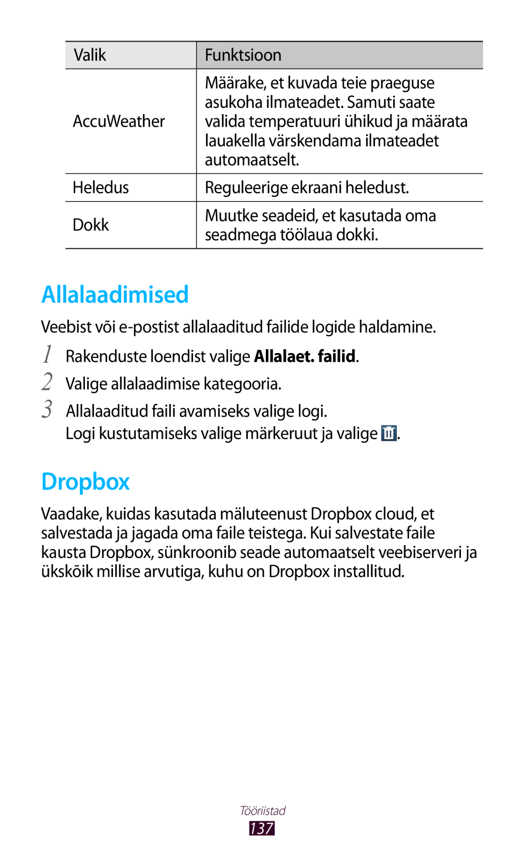 Samsung GT-I9300RWZSEB, GT-I9300GRZSEB, GT-I9300ZNDSEB manual Allalaadimised, Dropbox, Lauakella värskendama ilmateadet, 137 