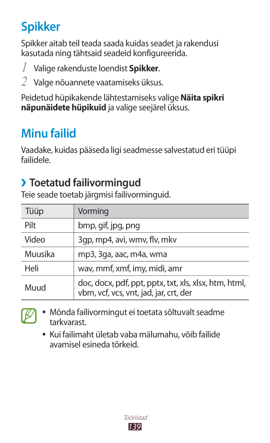 Samsung GT-I9300RWDSEB, GT-I9300GRZSEB, GT-I9300ZNDSEB, GT-I9300RWZSEB Spikker, Minu failid, ››Toetatud failivormingud, 139 