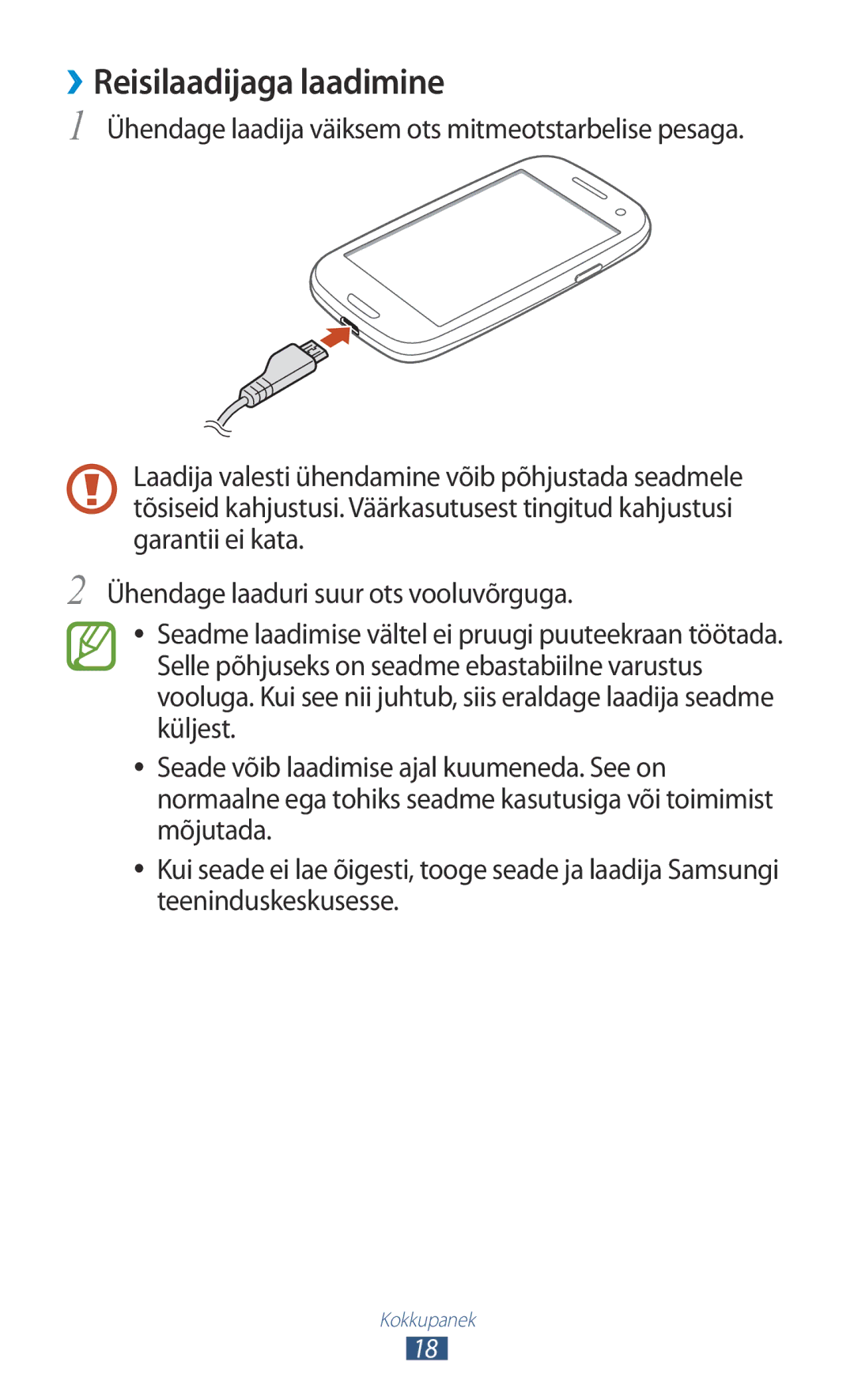 Samsung GT-I9300GRZSEB, GT-I9300ZNDSEB, GT-I9300RWZSEB, GT-I9300TADSEB, GT-I9300RWDSEB manual ››Reisilaadijaga laadimine 