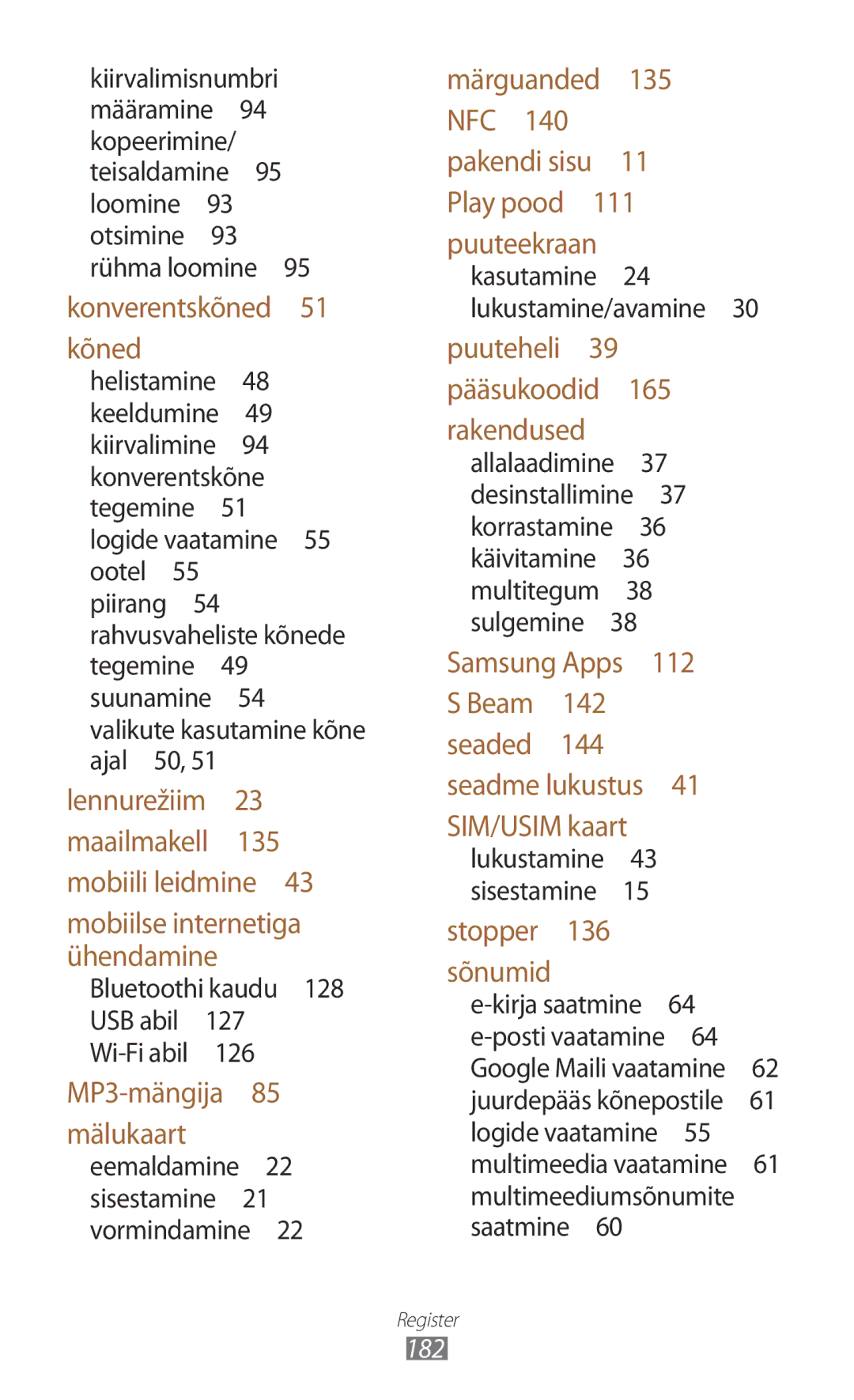 Samsung GT-I9300RWZSEB, GT-I9300GRZSEB, GT-I9300ZNDSEB, GT-I9300TADSEB, GT-I9300RWDSEB manual Konverentskõned 51 kõned, 182 