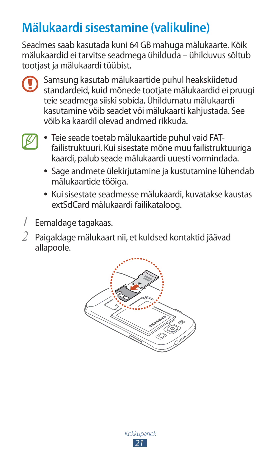 Samsung GT-I9300TADSEB, GT-I9300GRZSEB, GT-I9300ZNDSEB, GT-I9300RWZSEB, GT-I9300RWDSEB manual Mälukaardi sisestamine valikuline 