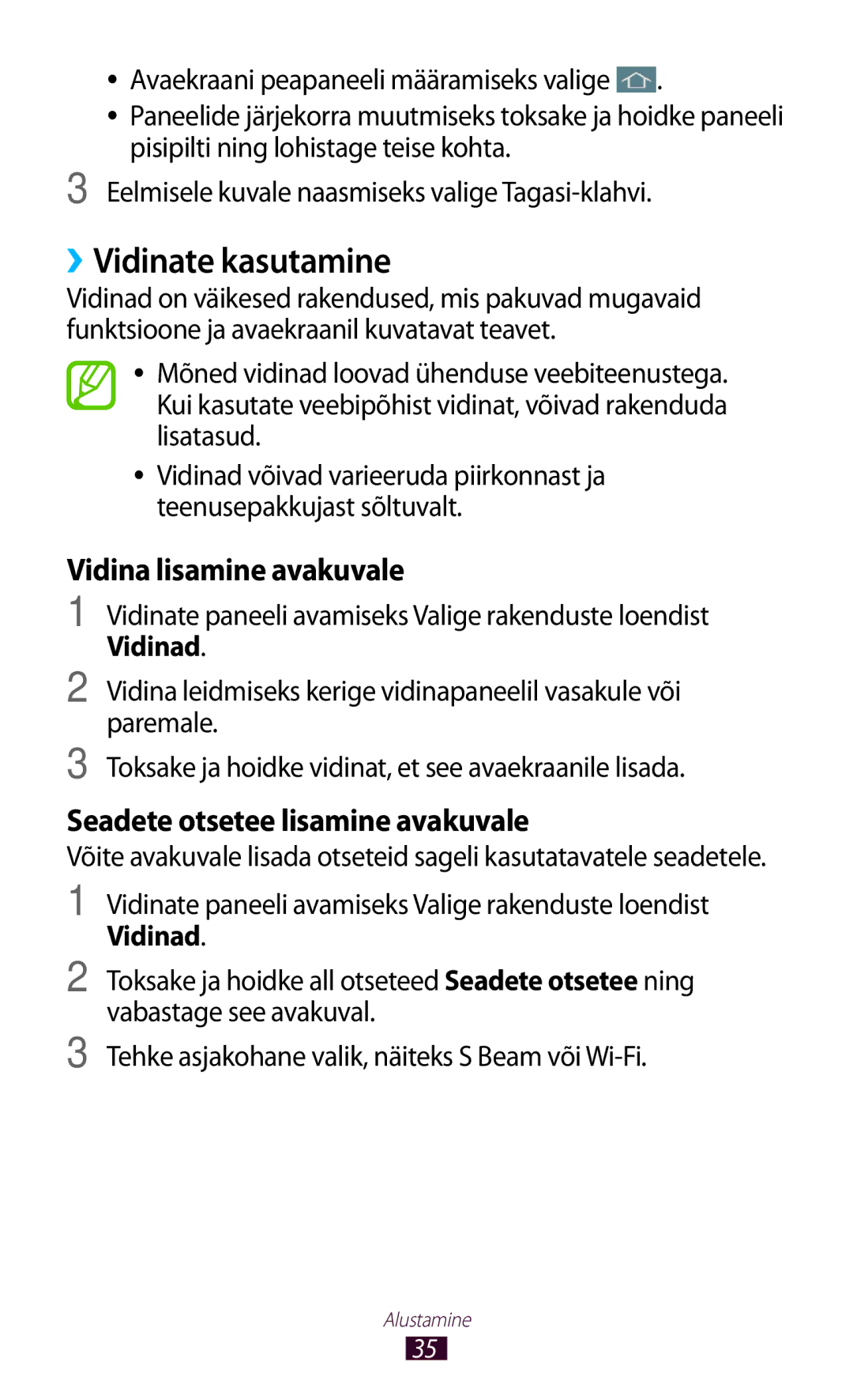 Samsung GT-I9300OKDSEB manual ››Vidinate kasutamine, Vidina lisamine avakuvale, Seadete otsetee lisamine avakuvale 