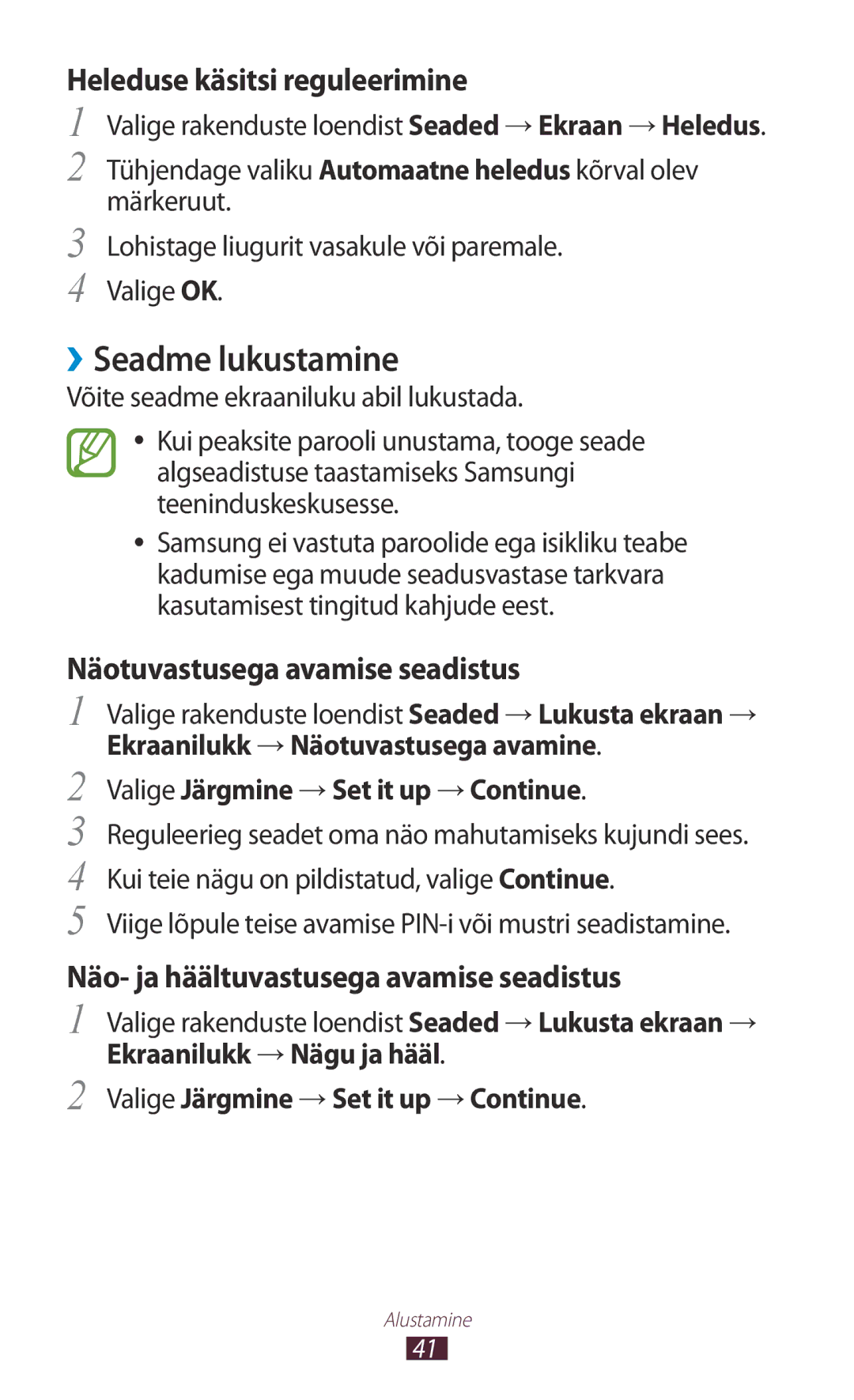 Samsung GT-I9300MBDSEB manual ››Seadme lukustamine, Heleduse käsitsi reguleerimine, Näotuvastusega avamise seadistus 