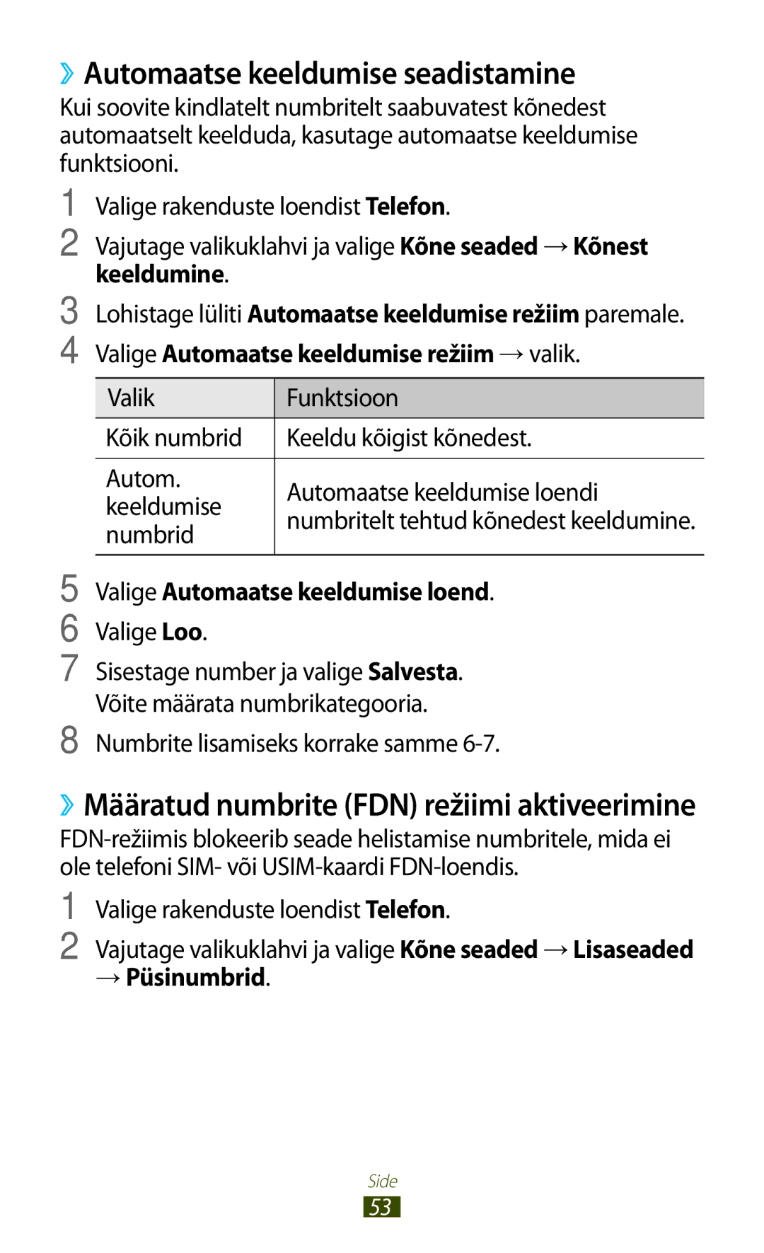 Samsung GT-I9300OKDSEB ››Automaatse keeldumise seadistamine, Keeldumine, Valige Automaatse keeldumise loend, → Püsinumbrid 