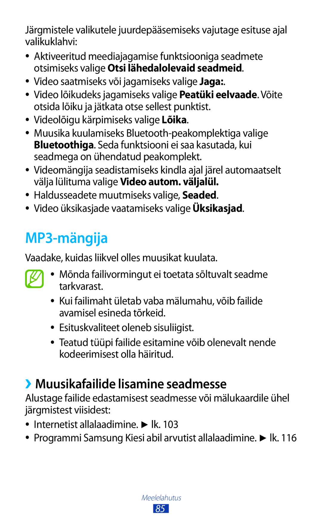 Samsung GT-I9300RWDSEB, GT-I9300GRZSEB, GT-I9300ZNDSEB, GT-I9300RWZSEB manual MP3-mängija, ››Muusikafailide lisamine seadmesse 