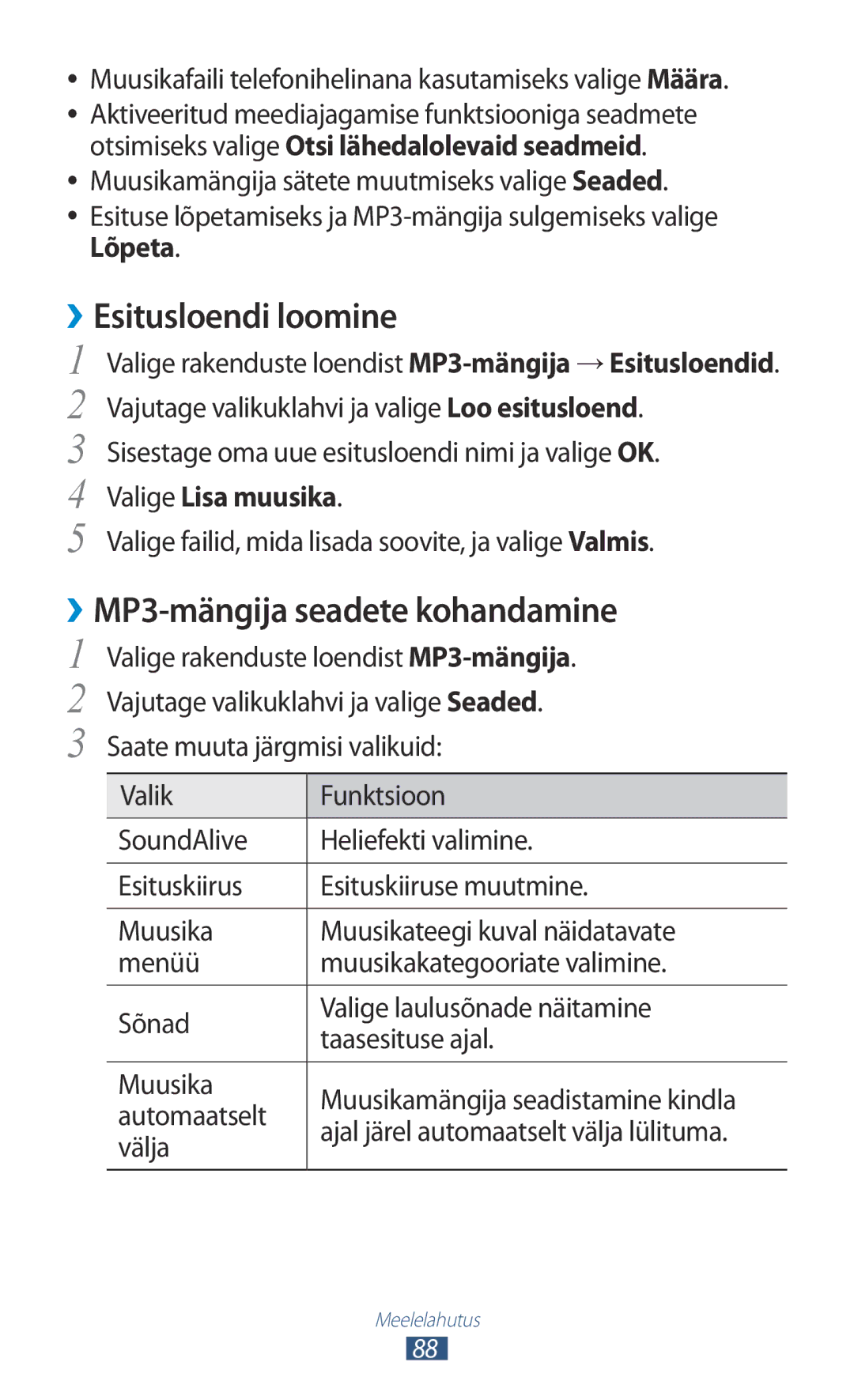 Samsung GT-I9300OKESEB, GT-I9300GRZSEB manual ››Esitusloendi loomine, ››MP3-mängija seadete kohandamine, Valige Lisa muusika 