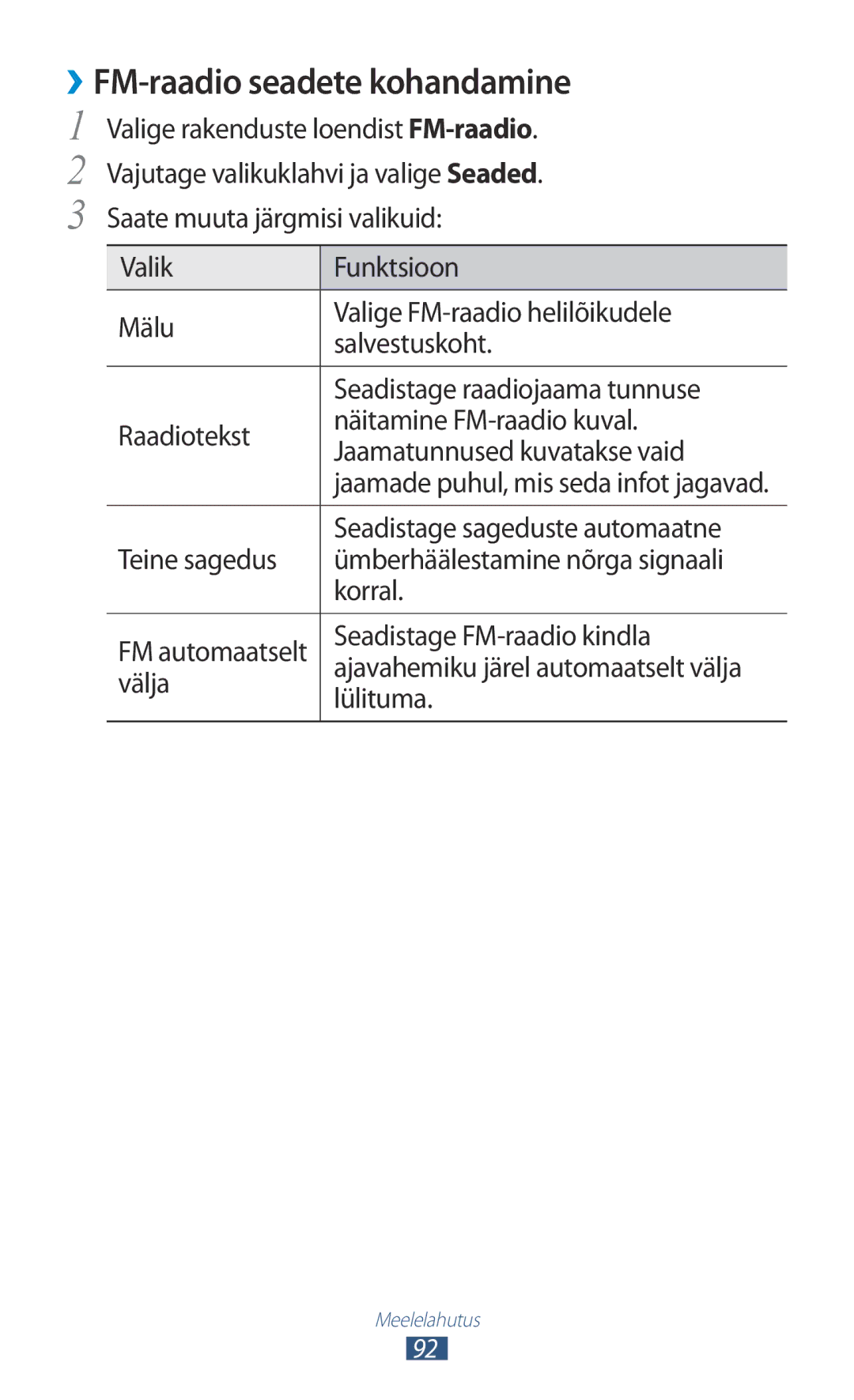 Samsung GT-I9300RWZSEB, GT-I9300GRZSEB, GT-I9300ZNDSEB, GT-I9300TADSEB, GT-I9300RWDSEB manual ››FM-raadio seadete kohandamine 