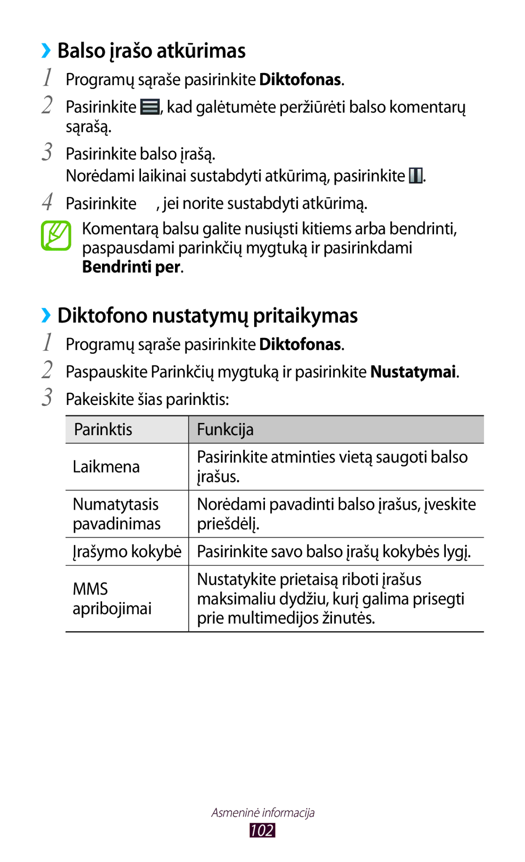 Samsung GT-I9300TADSEB, GT-I9300GRZSEB, GT-I9300ZNDSEB manual ››Balso įrašo atkūrimas, ››Diktofono nustatymų pritaikymas 