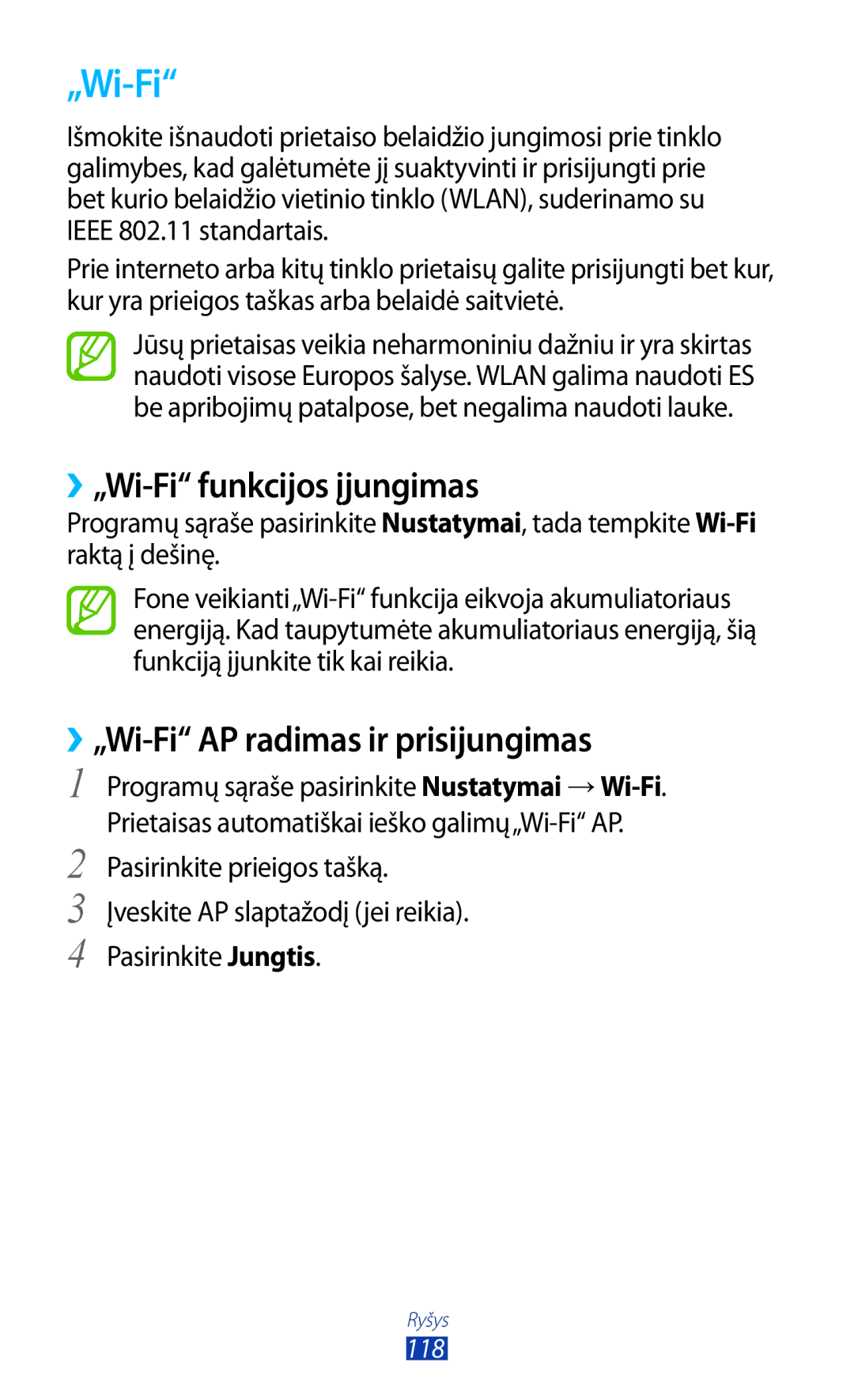 Samsung GT-I9300ZNDSEB, GT-I9300GRZSEB manual ››„Wi-Fi funkcijos įjungimas, ››„Wi-Fi AP radimas ir prisijungimas 