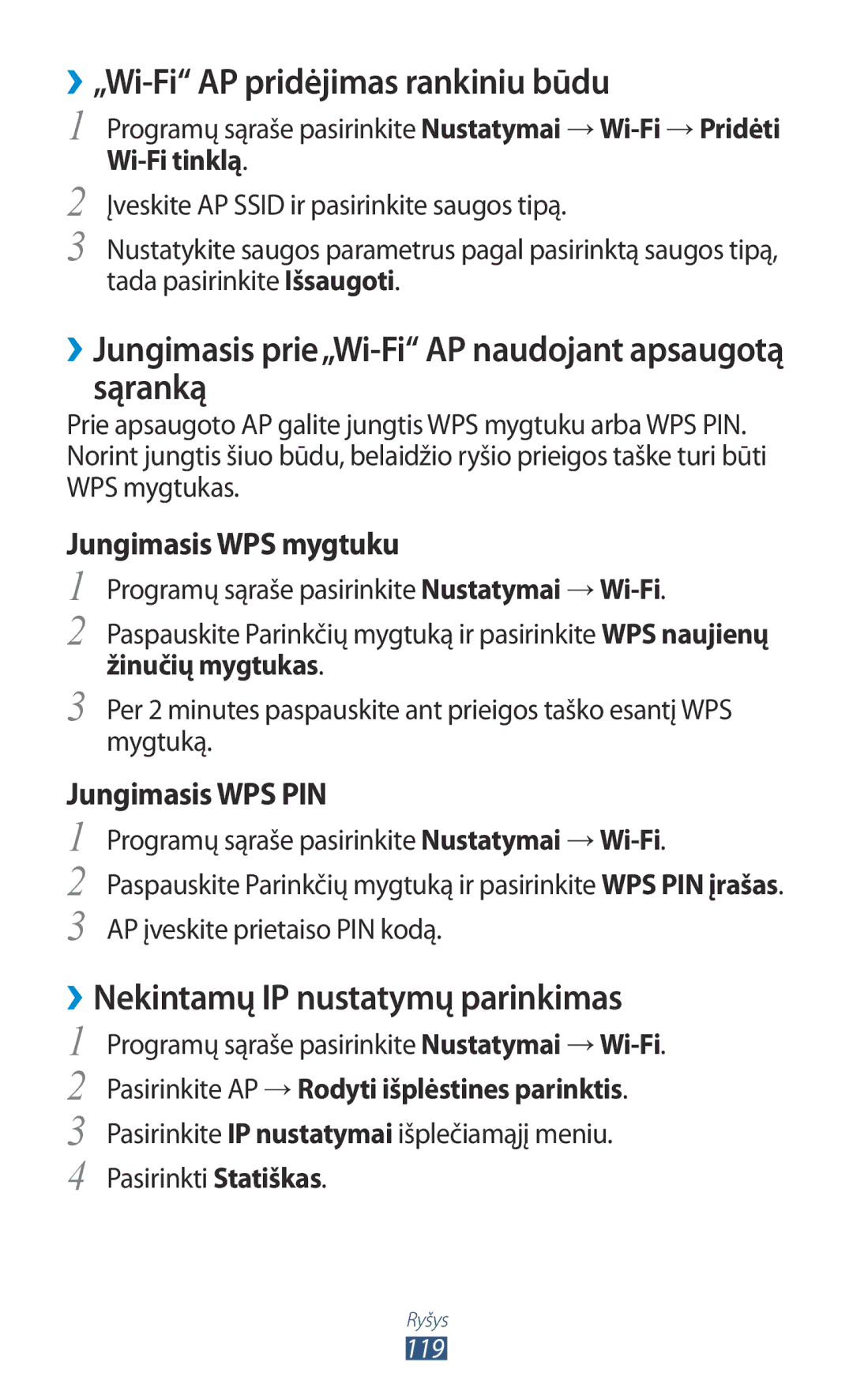 Samsung GT-I9300RWZSEB manual ››„Wi-Fi AP pridėjimas rankiniu būdu, ››Jungimasis prie„Wi-Fi AP naudojant apsaugotą sąranką 