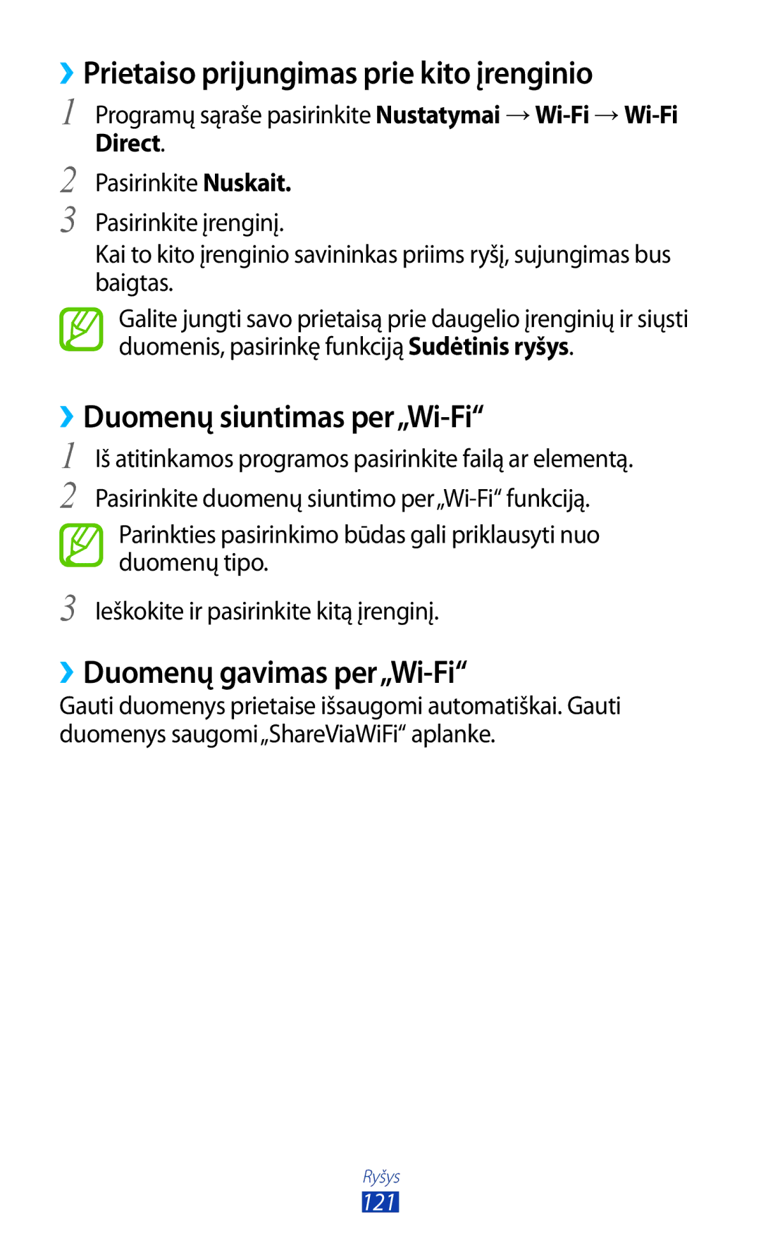 Samsung GT-I9300RWDSEB, GT-I9300GRZSEB ››Prietaiso prijungimas prie kito įrenginio, ››Duomenų siuntimas per„Wi-Fi, Direct 