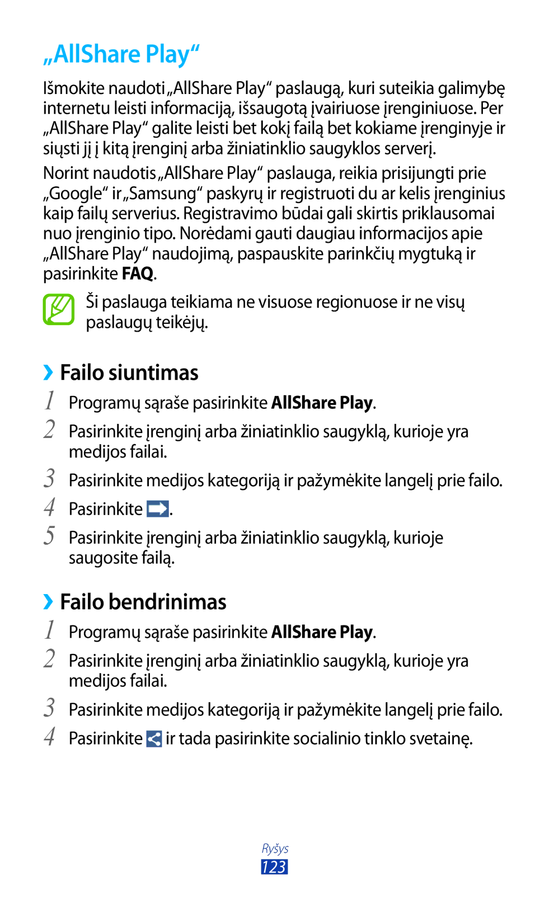 Samsung GT-I9300GRDSEB, GT-I9300GRZSEB, GT-I9300ZNDSEB manual „AllShare Play, ››Failo siuntimas, ››Failo bendrinimas 