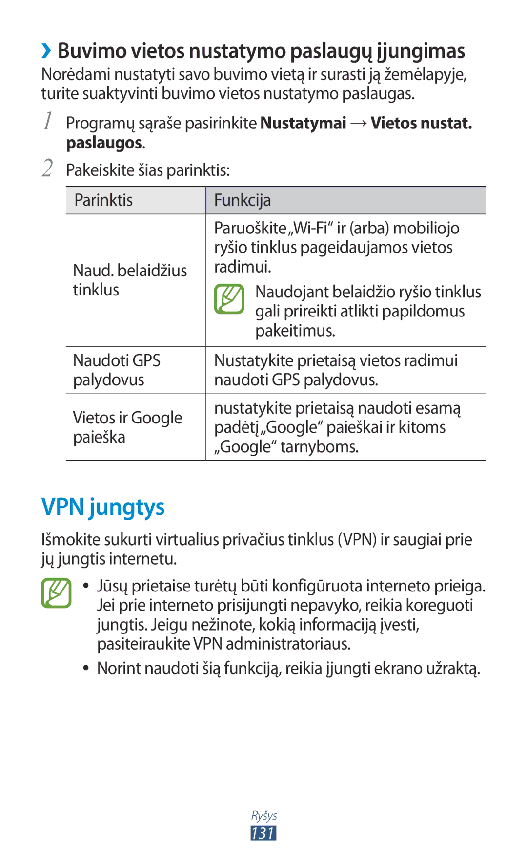 Samsung GT-I9300MBDSEB, GT-I9300GRZSEB, GT-I9300ZNDSEB, GT-I9300RWZSEB, GT-I9300TADSEB, GT-I9300RWDSEB manual VPN jungtys 