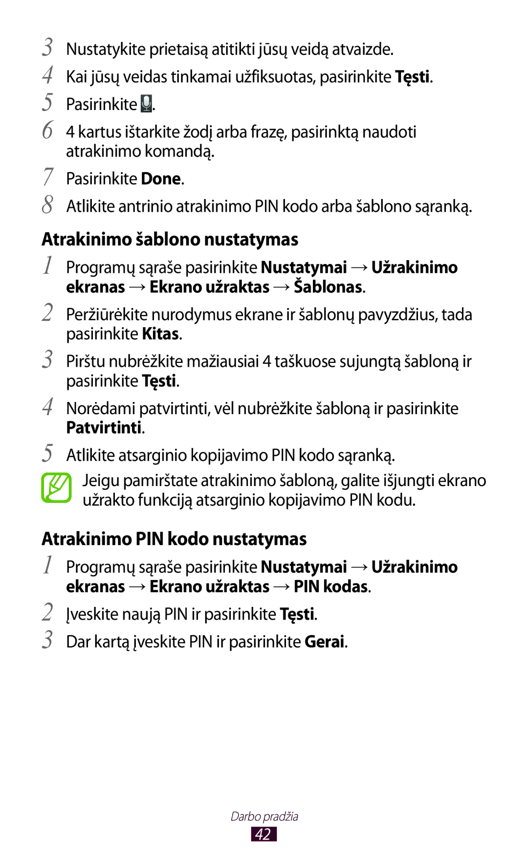 Samsung GT-I9300GRDSEB manual Programų sąraše pasirinkite Nustatymai → Užrakinimo, Ekranas → Ekrano užraktas → Šablonas 