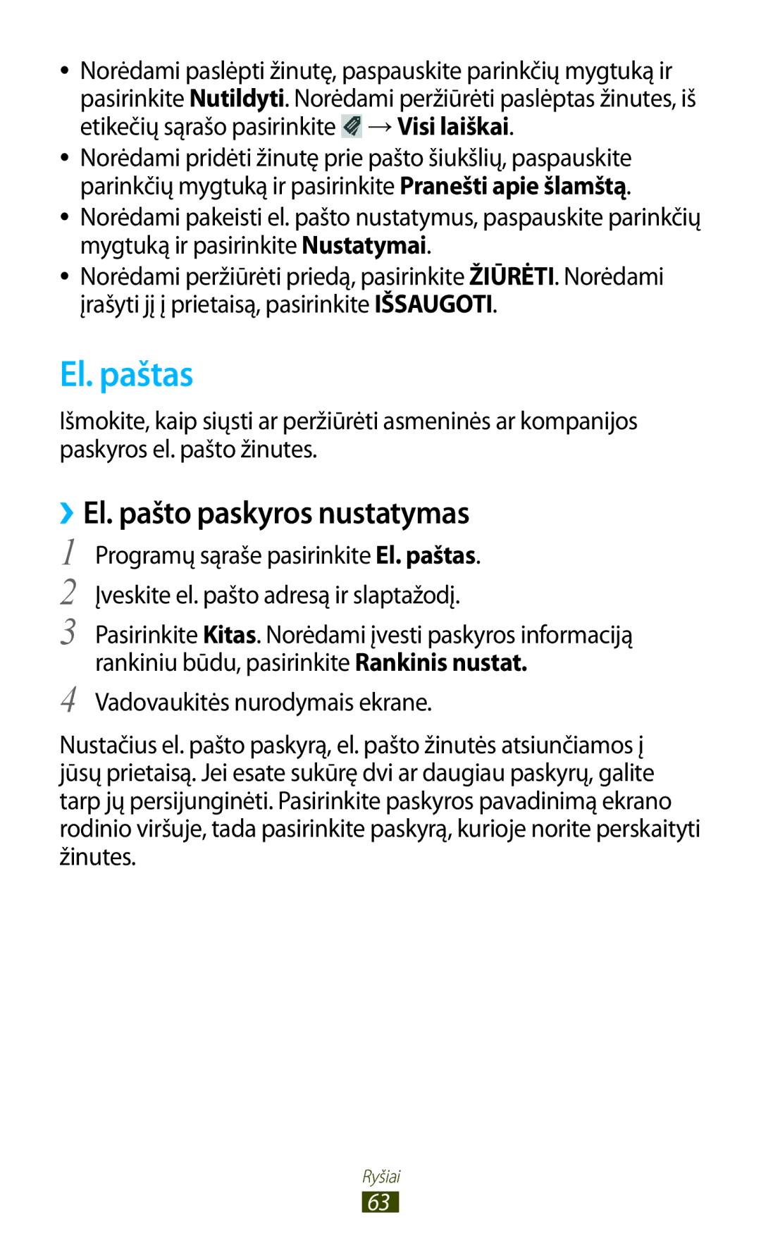 Samsung GT-I9300GRZSEB, GT-I9300ZNDSEB, GT-I9300RWZSEB, GT-I9300TADSEB manual El. paštas, ››El. pašto paskyros nustatymas 