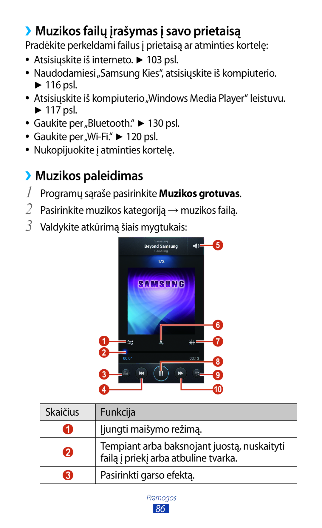 Samsung GT-I9300MBDSEB, GT-I9300GRZSEB manual ››Muzikos failų įrašymas į savo prietaisą, ››Muzikos paleidimas, 117 psl 