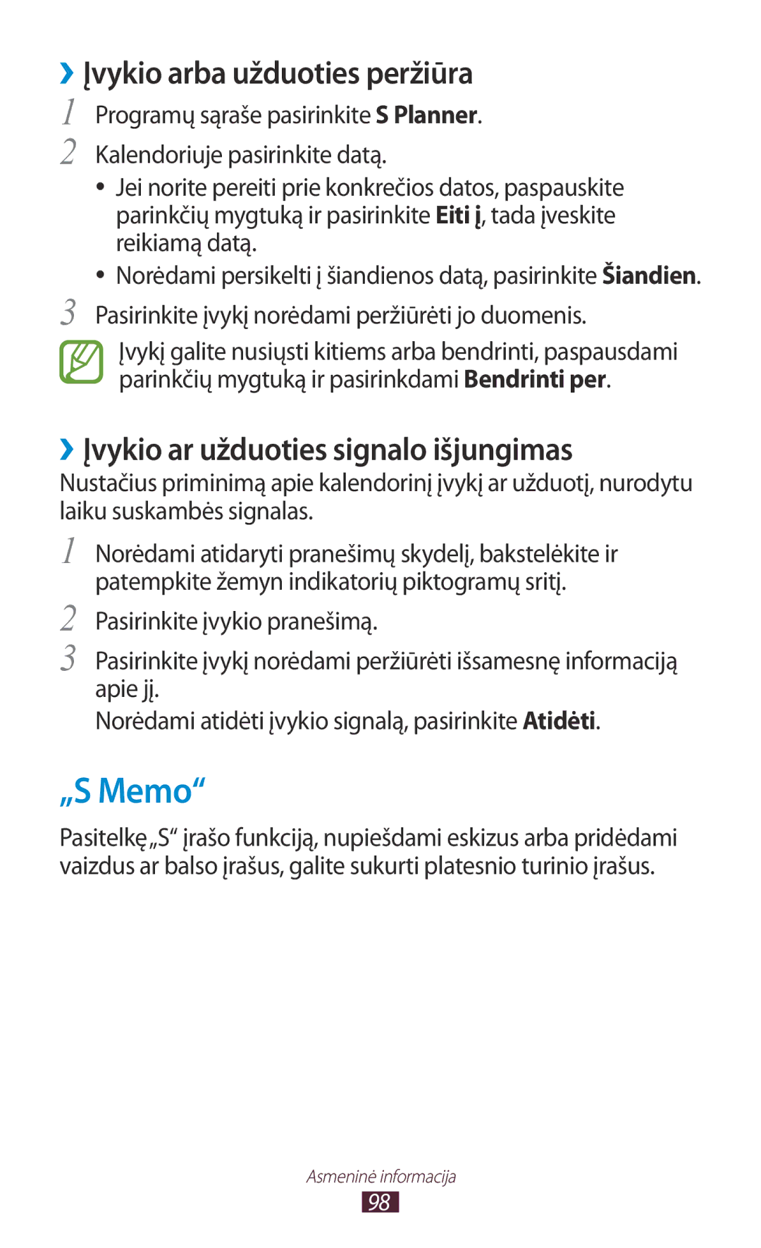 Samsung GT-I9300OKDSEB, GT-I9300GRZSEB „S Memo, ››Įvykio arba užduoties peržiūra, ››Įvykio ar užduoties signalo išjungimas 