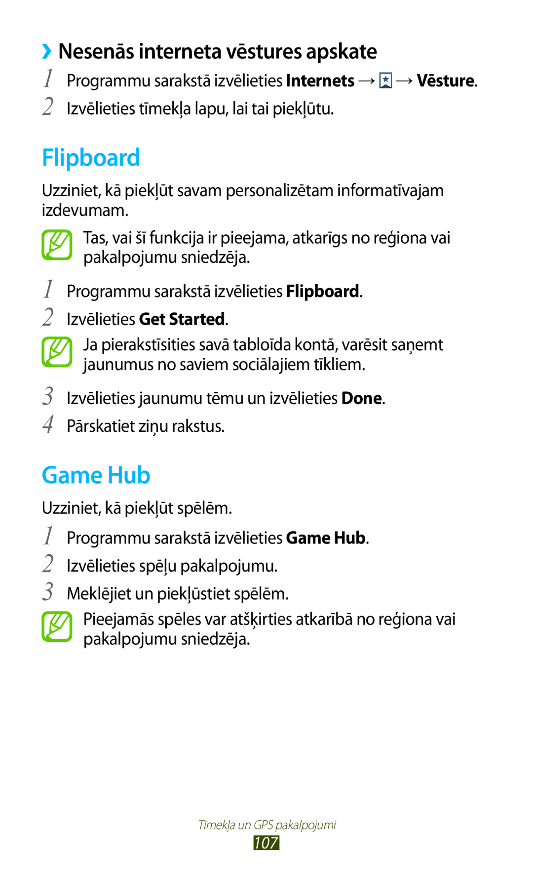 Samsung GT-I9300OKDSEB, GT-I9300GRZSEB, GT-I9300ZNDSEB manual Flipboard, Game Hub, ››Nesenās interneta vēstures apskate, 107 