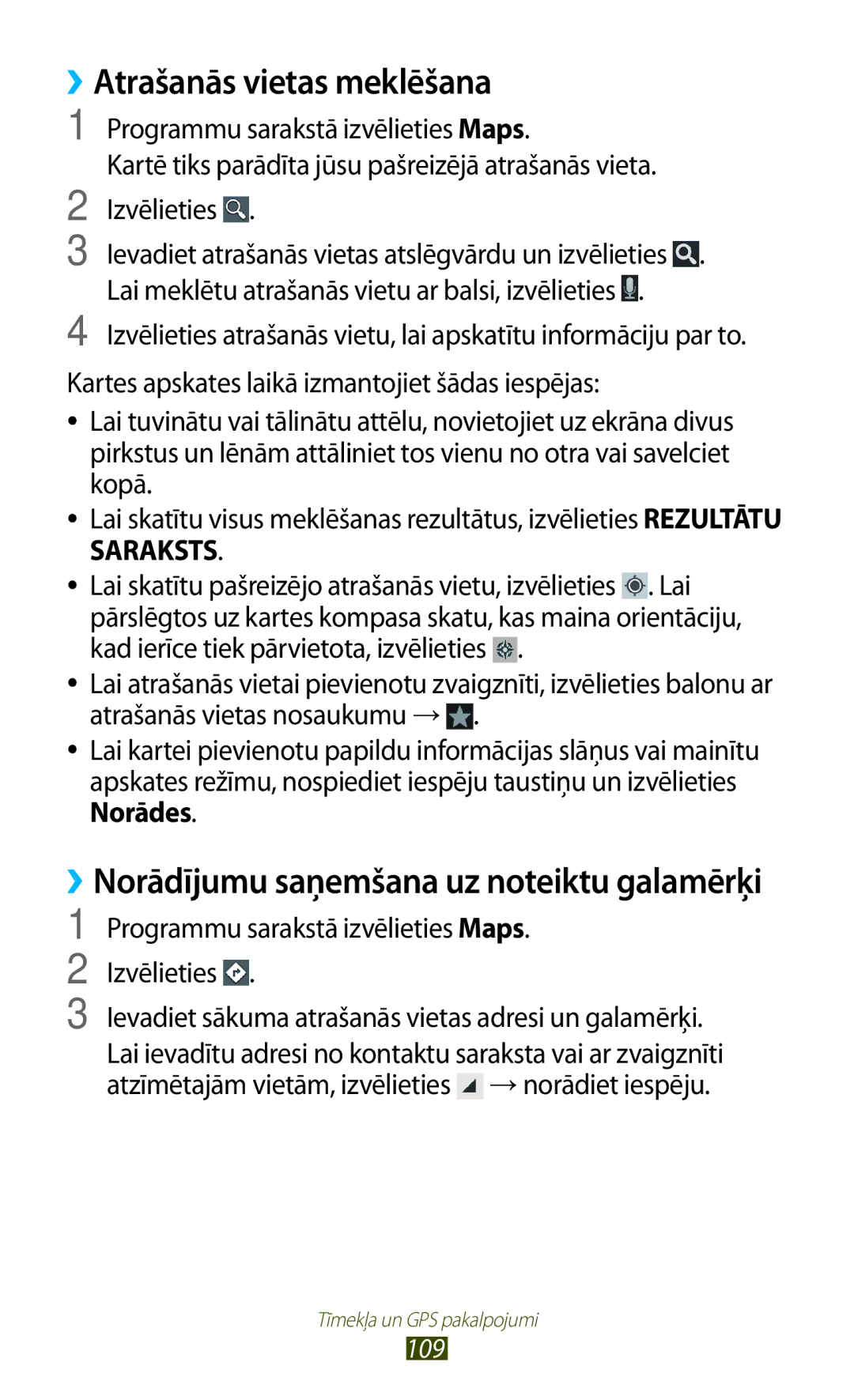 Samsung GT-I9300ZNDSEB, GT-I9300GRZSEB manual ››Atrašanās vietas meklēšana, Programmu sarakstā izvēlieties Maps, 109 