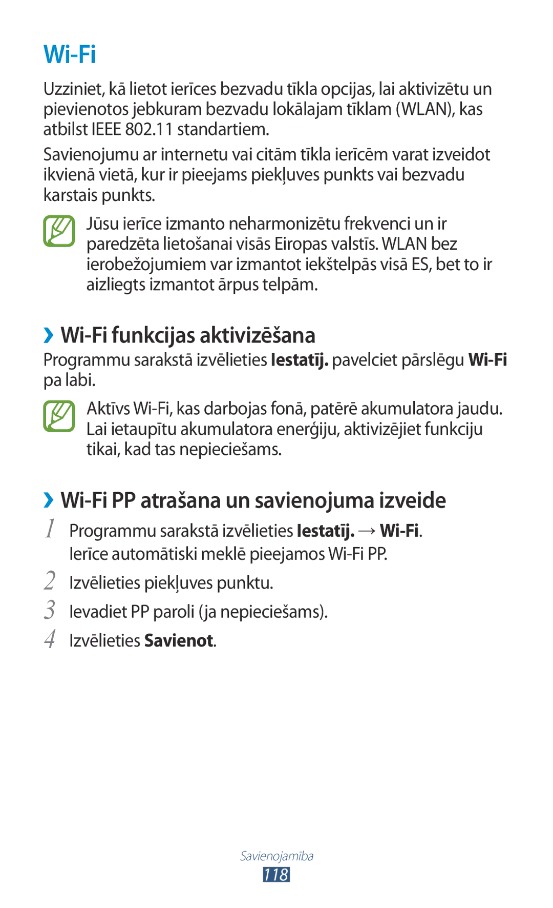 Samsung GT-I9300ZNDSEB, GT-I9300GRZSEB ››Wi-Fi funkcijas aktivizēšana, ››Wi-Fi PP atrašana un savienojuma izveide, 118 